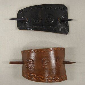 2 Hand Tooled Black Brown Leather Hair Barrette Buckle Wood Stick Ponytail Clip